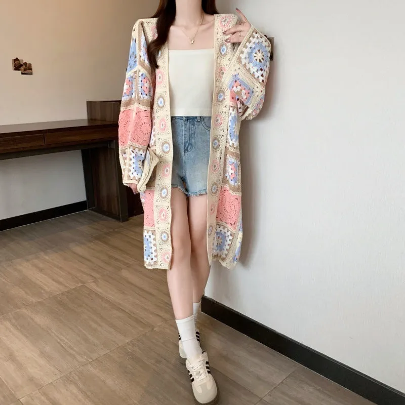 Loose crocheted hollow out sweater coat cardigan with geometric pattern in Lotus Root colour, polyester fibre, medium length 65cm