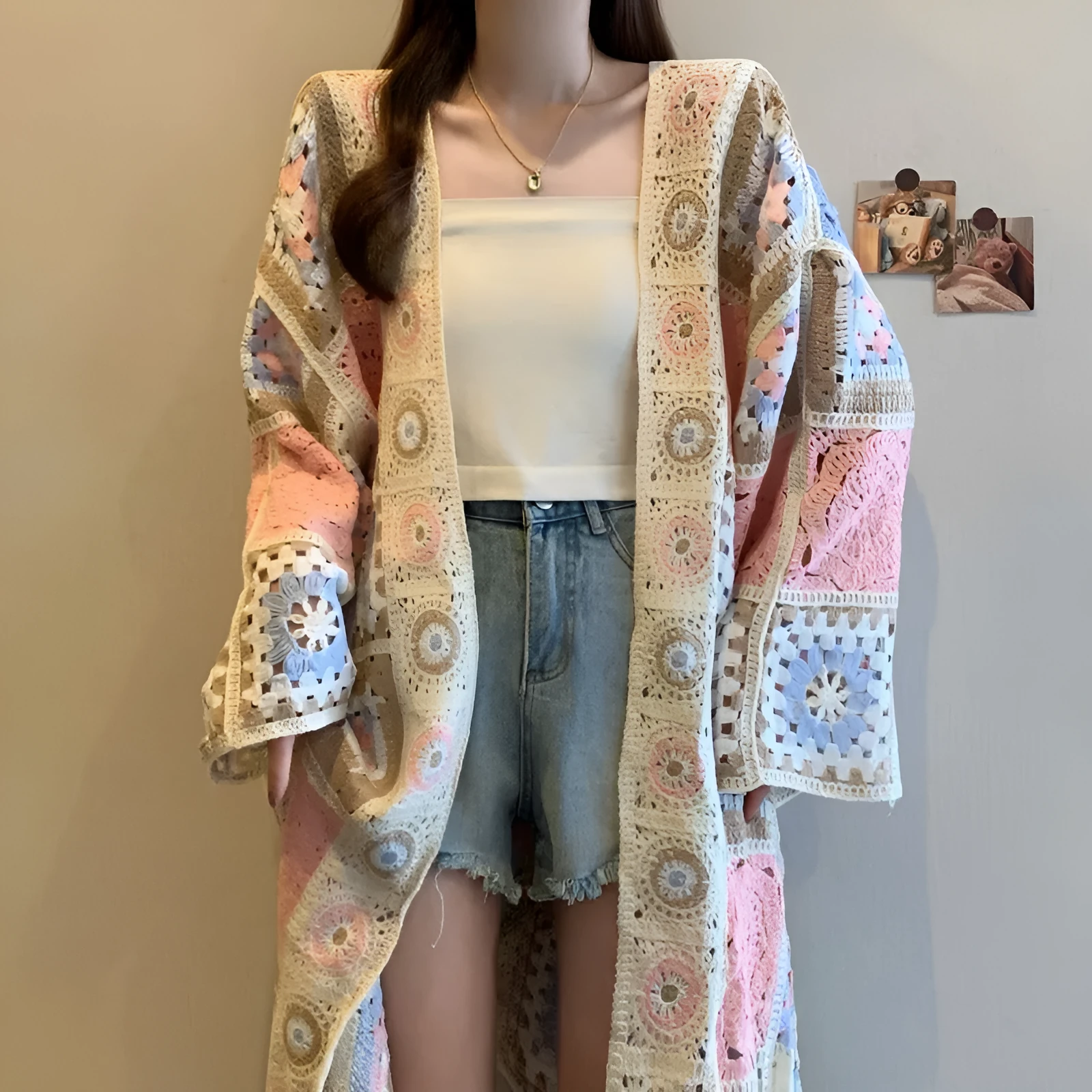 Loose crocheted hollow out sweater coat cardigan with geometric pattern in Lotus Root colour, polyester fibre, medium length 65cm
