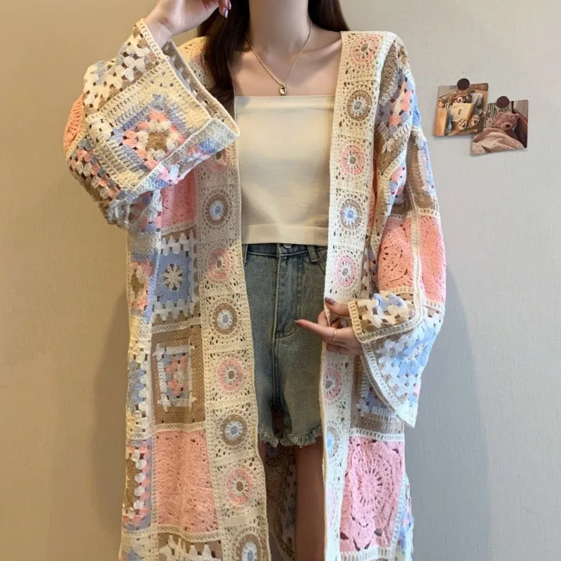 Loose crocheted hollow out sweater coat cardigan with geometric pattern in Lotus Root colour, polyester fibre, medium length 65cm