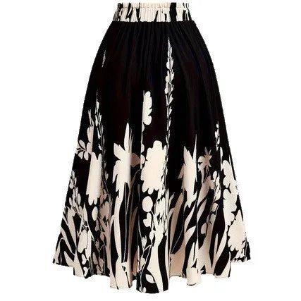 Chinese style 3D digital print pleated skirt mid-length polyester fibre plant flower pattern colour DD25052