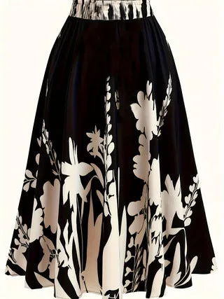 Chinese style 3D digital print pleated skirt mid-length polyester fibre plant flower pattern colour DD25052
