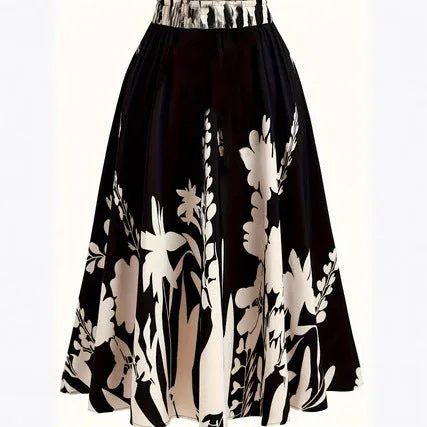 Chinese style 3D digital print pleated skirt mid-length polyester fibre plant flower pattern colour DD25052