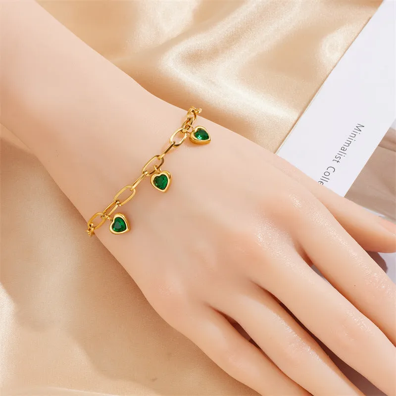 Gold plated love pendant titanium steel chain bracelet for women - B1127 Green, B1128 Pink, B1129 White