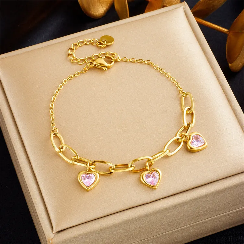Gold plated love pendant titanium steel chain bracelet for women - B1127 Green, B1128 Pink, B1129 White