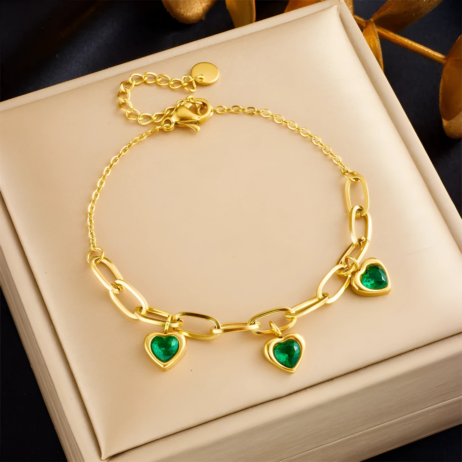 Gold plated love pendant titanium steel chain bracelet for women - B1127 Green, B1128 Pink, B1129 White