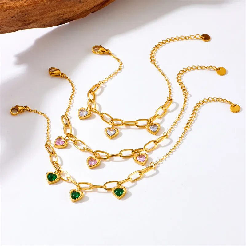Gold plated love pendant titanium steel chain bracelet for women - B1127 Green, B1128 Pink, B1129 White