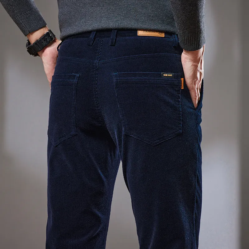 Slim fit straight corduroy trousers in dark gray, cotton fabric, mid waist with micro elasticity.