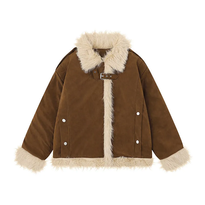 Women's American-style retro lamb wool coat in loose fit, available in black, brown, and pink, sizes S to XL