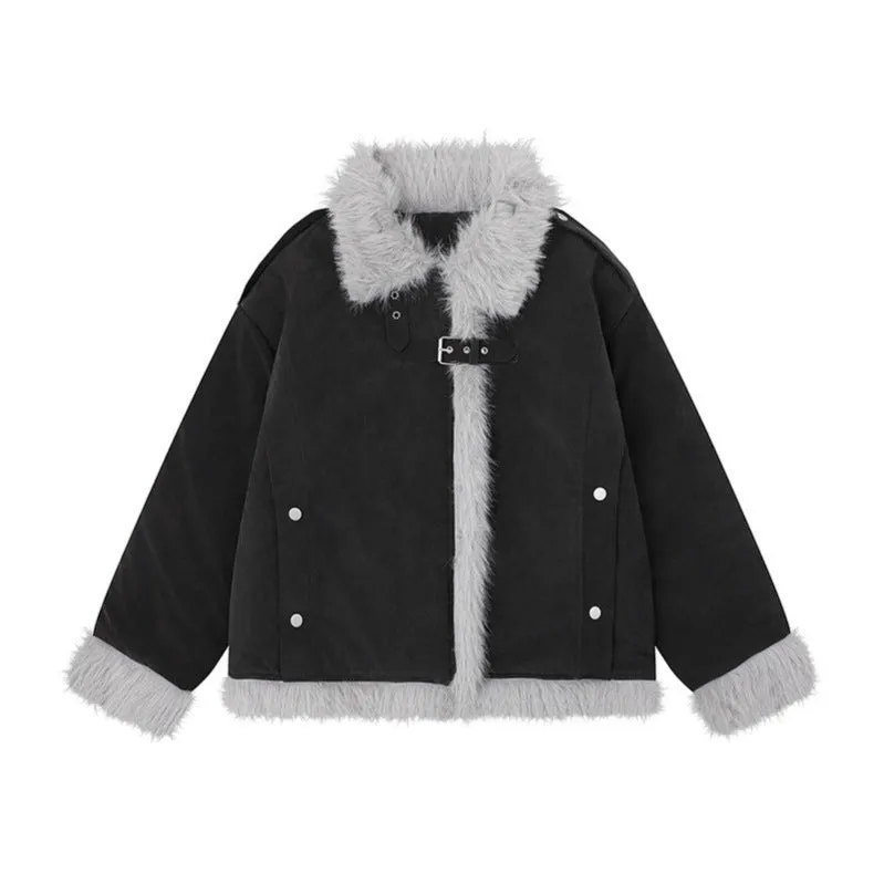 Women's American-style retro lamb wool coat in loose fit, available in black, brown, and pink, sizes S to XL