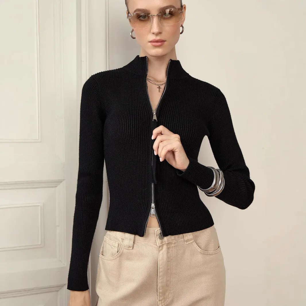 Women's zipper slim fit stand collar top in viscose fibre, available in five colours, sizes S to L, for street fashion layering