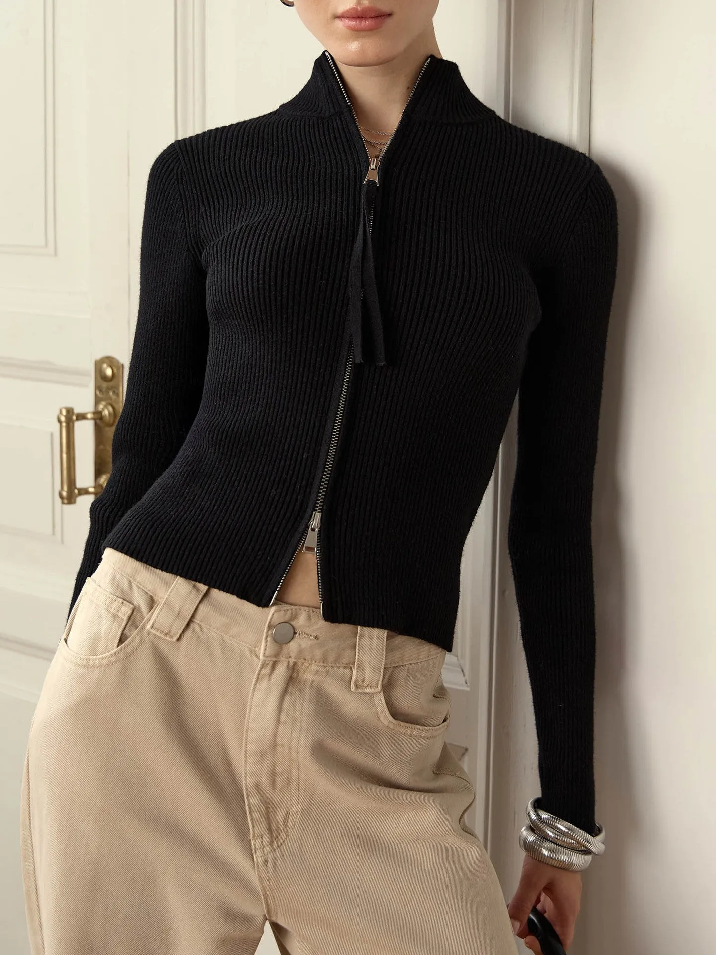 Women's zipper slim fit stand collar top in viscose fibre, available in five colours, sizes S to L, for street fashion layering