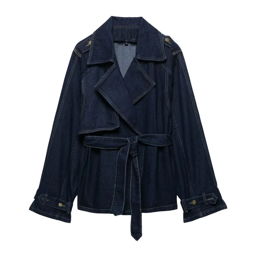 Women casual blue denim trench coat with belt, short wide cut, long sleeves, solid colour, street fashion style