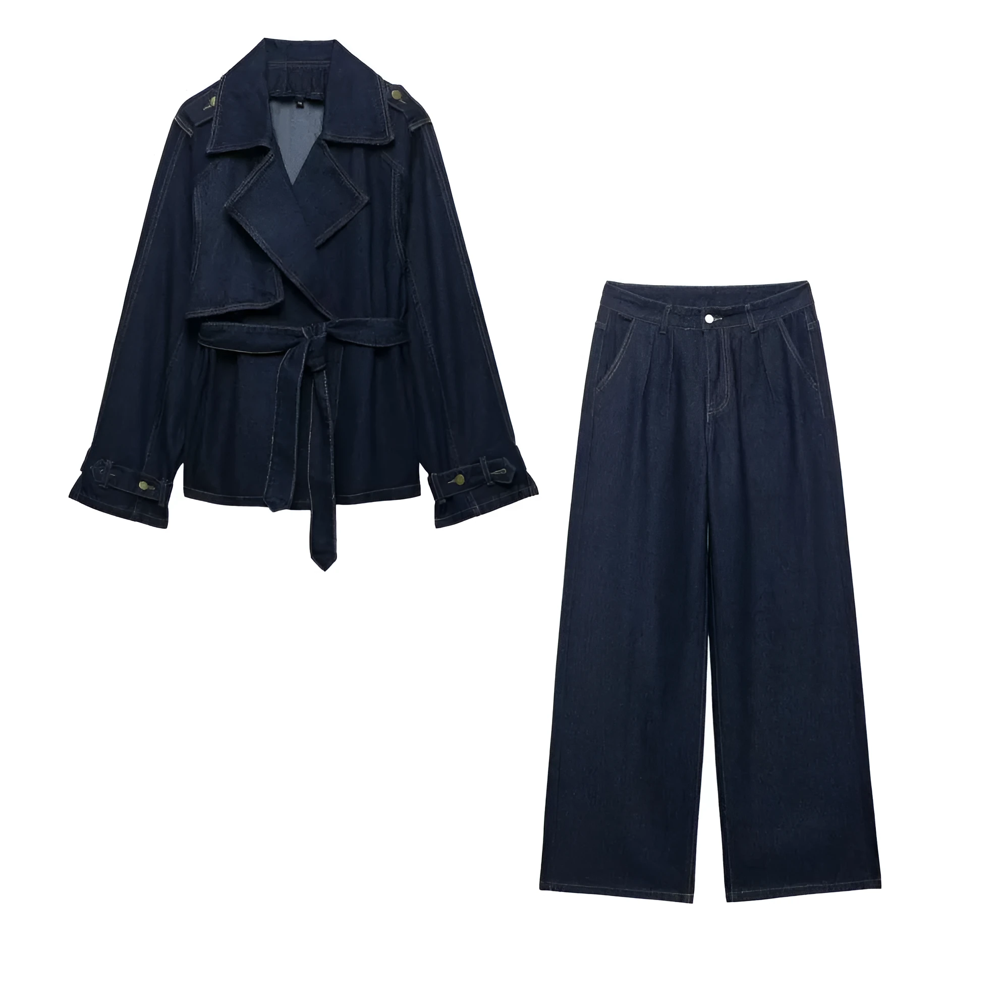 Women casual blue denim trench coat with belt, short wide cut, long sleeves, solid colour, street fashion style