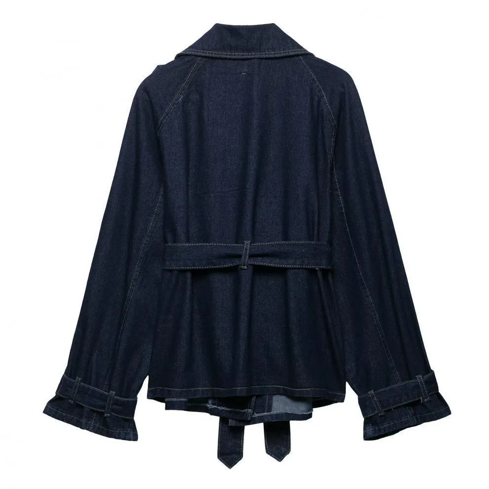 Women casual blue denim trench coat with belt, short wide cut, long sleeves, solid colour, street fashion style