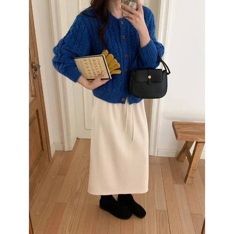 Thick knit twisted texture cardigan in beige with open front and short 40cm length