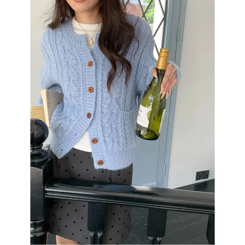 Thick knit twisted texture cardigan in beige with open front and short 40cm length