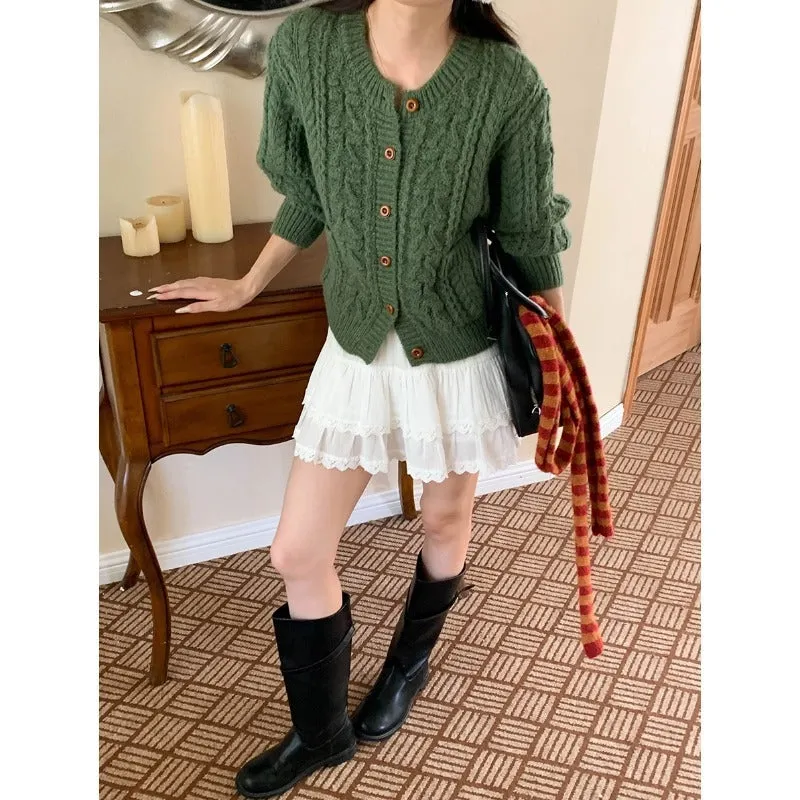 Thick knit twisted texture cardigan in beige with open front and short 40cm length