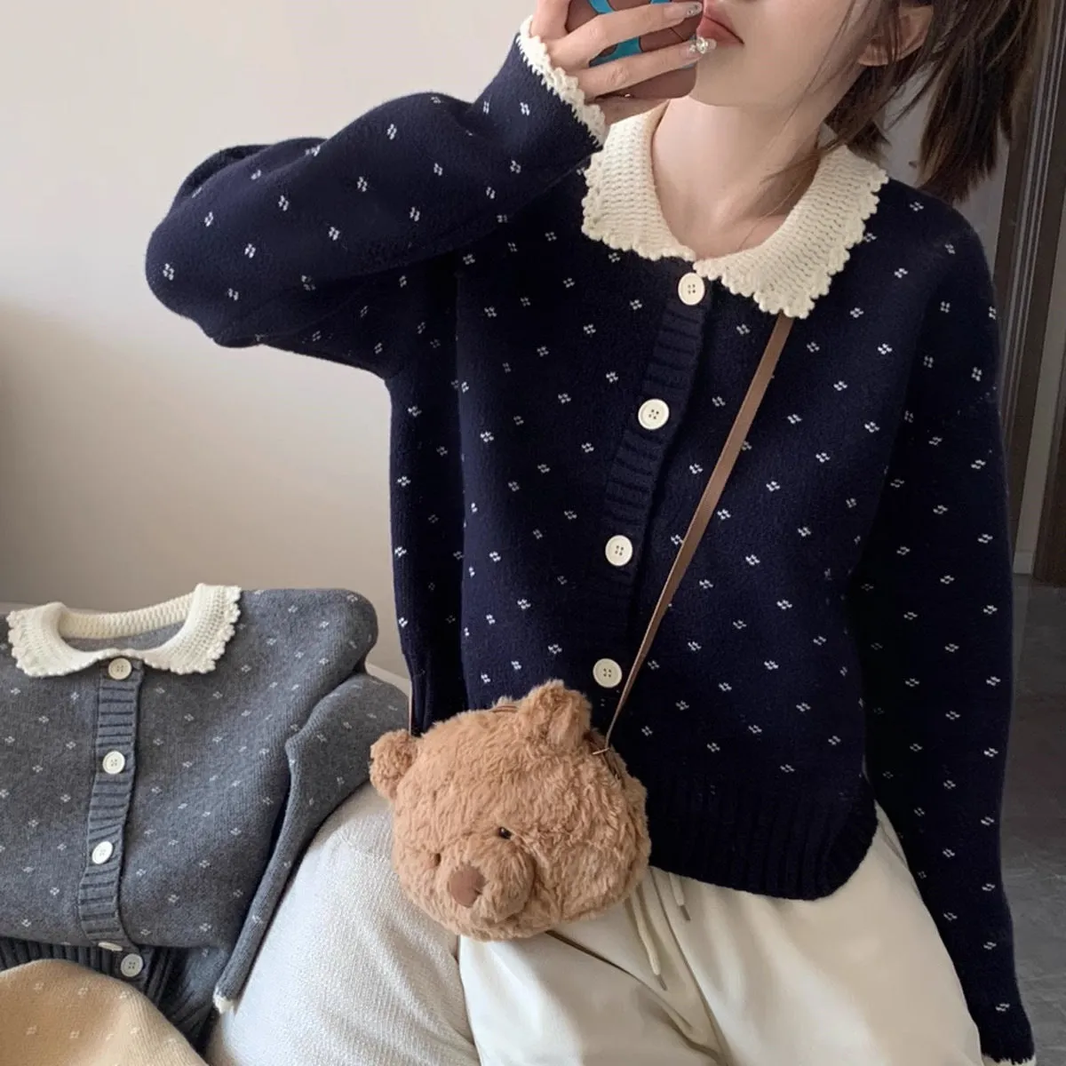 Retro Peter Pan collar knitted cardigan coat with floral embroidery in navy blue colour