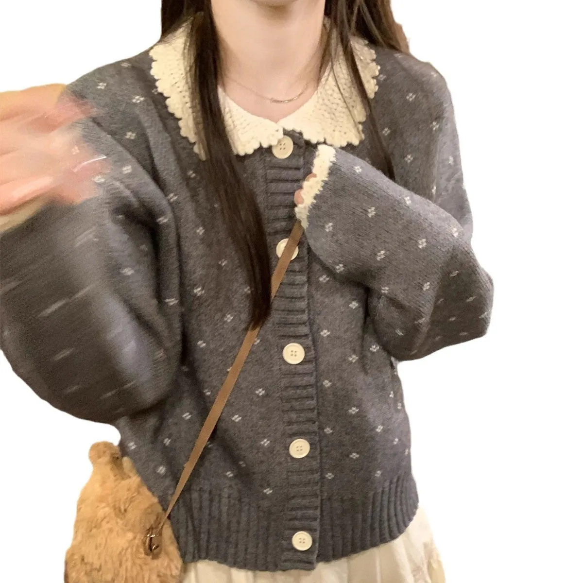 Retro Peter Pan collar knitted cardigan coat with floral embroidery in navy blue colour