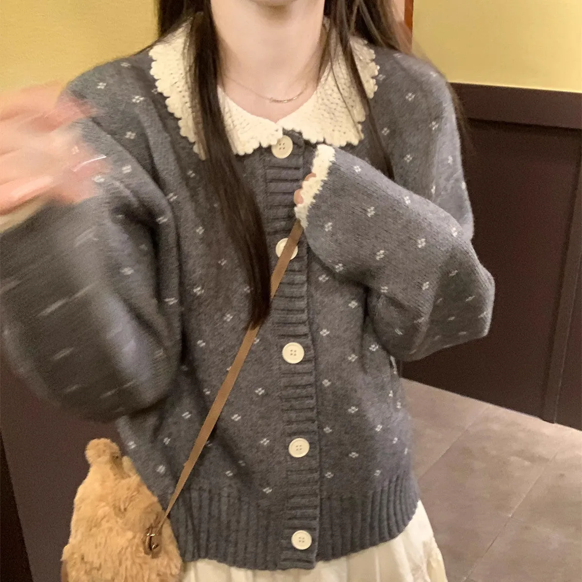 Retro Peter Pan collar knitted cardigan coat with floral embroidery in navy blue colour