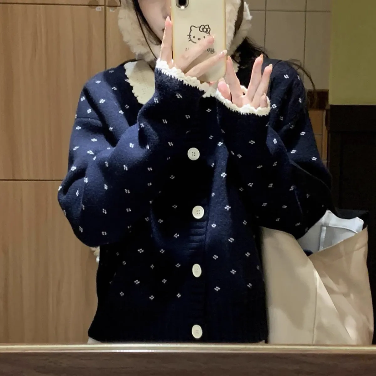 Retro Peter Pan collar knitted cardigan coat with floral embroidery in navy blue colour