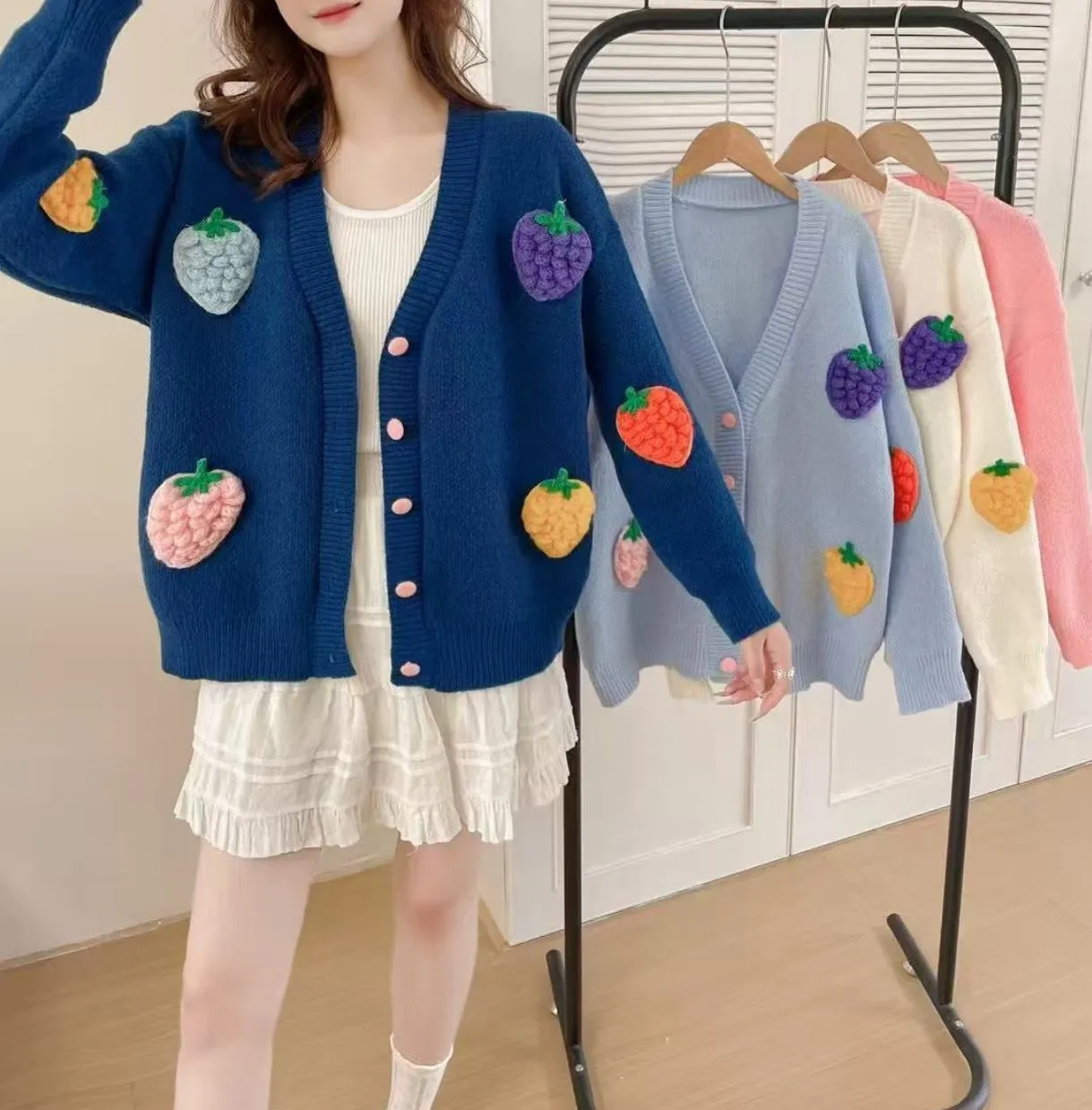 Handmade embroidery thick knit cardigan in light blue with loose fit and long sleeves