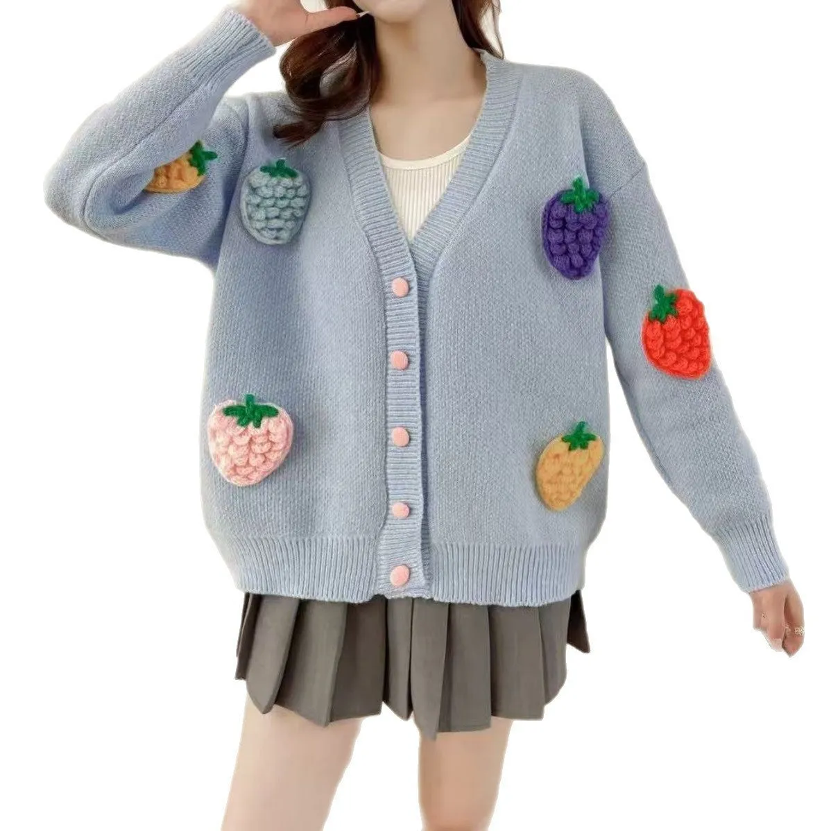 Handmade embroidery thick knit cardigan in light blue with loose fit and long sleeves