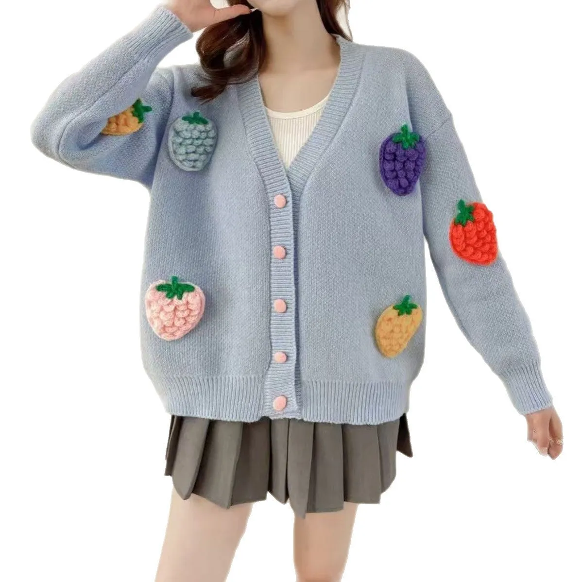 Handmade embroidery thick knit cardigan in light blue with loose fit and long sleeves