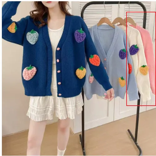 Handmade embroidery thick knit cardigan in light blue with loose fit and long sleeves