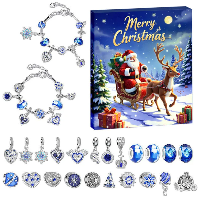 24 grid Christmas advent calendar in blue with flip doors and zinc alloy bracelet blind boxes