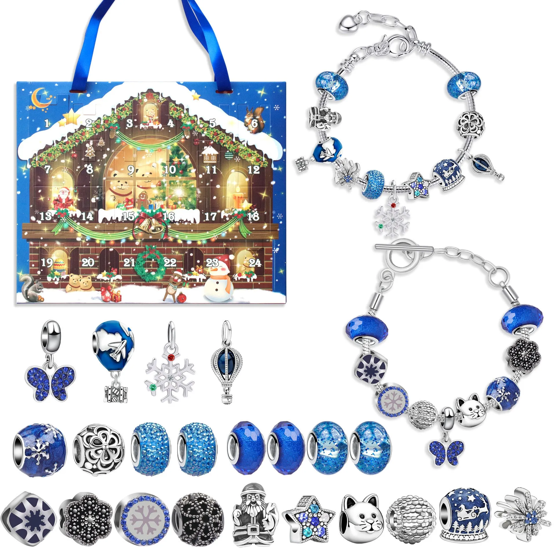 24 grid Christmas advent calendar in blue with flip doors and zinc alloy bracelet blind boxes