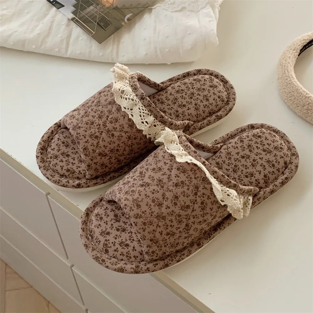 Brown Korean lace floral thickened linen slippers for women, PVC sole, indoor flip flop style