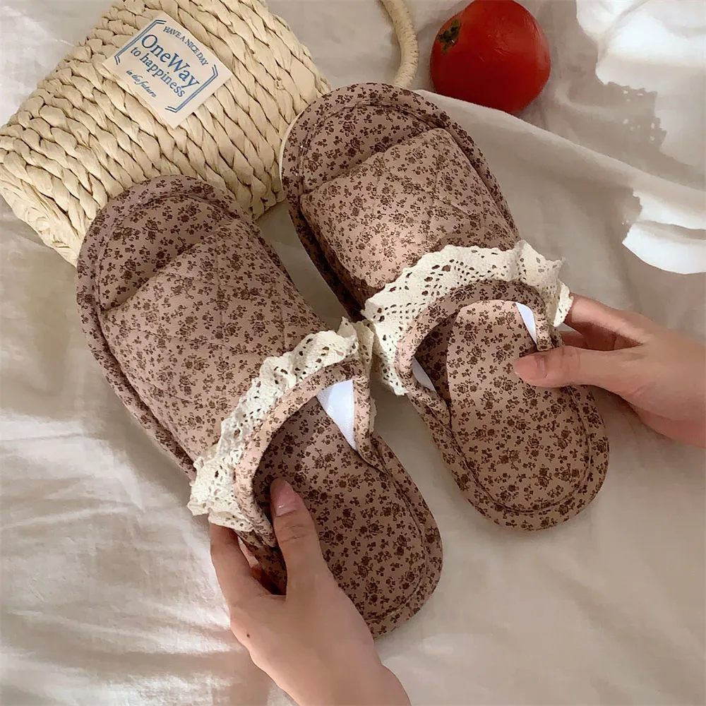 Brown Korean lace floral thickened linen slippers for women, PVC sole, indoor flip flop style