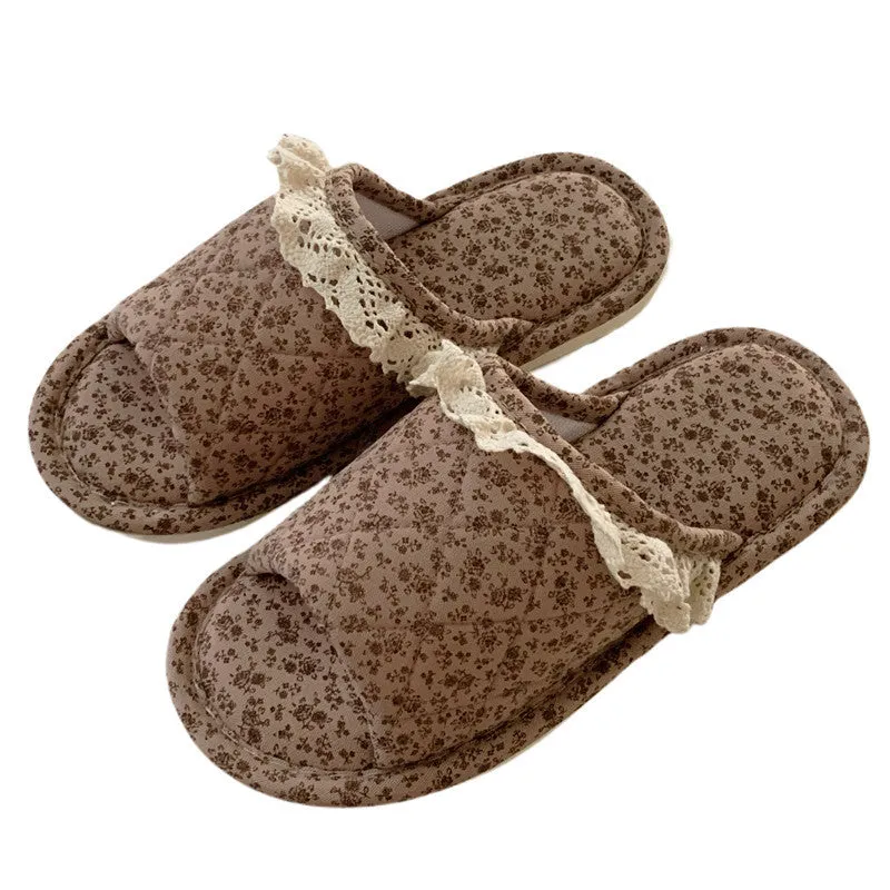 Brown Korean lace floral thickened linen slippers for women, PVC sole, indoor flip flop style