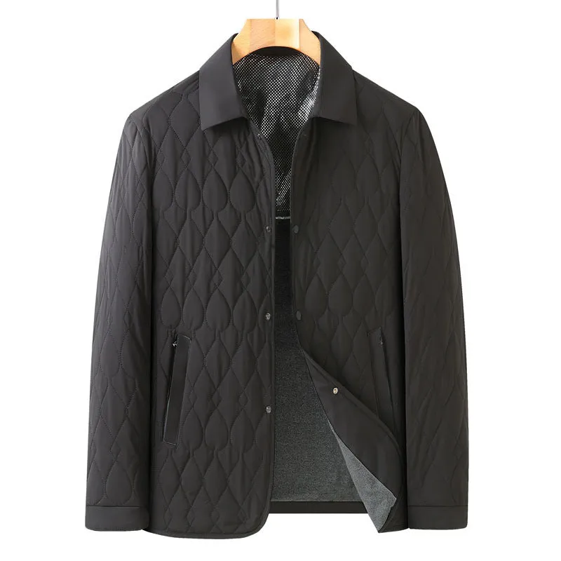 Men's lightweight diamond lattice cotton-padded coat in black, front view, regular fit