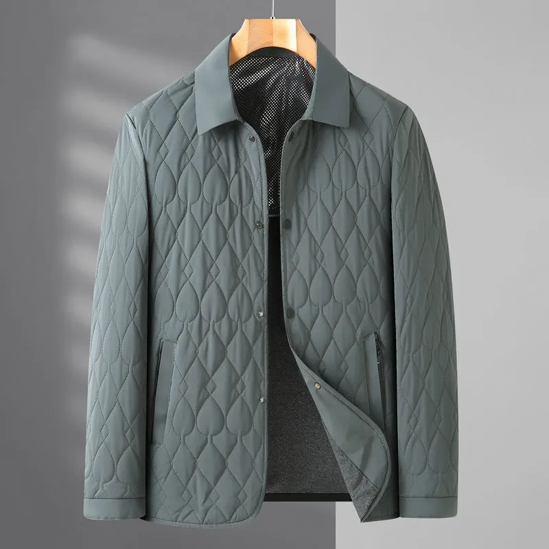 Men's lightweight diamond lattice cotton-padded coat in black, front view, regular fit