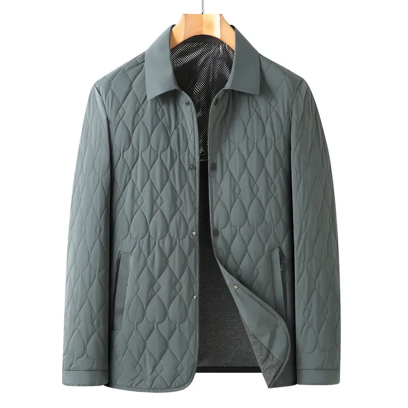 Men's lightweight diamond lattice cotton-padded coat in black, front view, regular fit