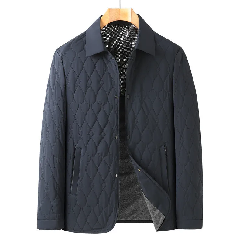 Men's lightweight diamond lattice cotton-padded coat in black, front view, regular fit
