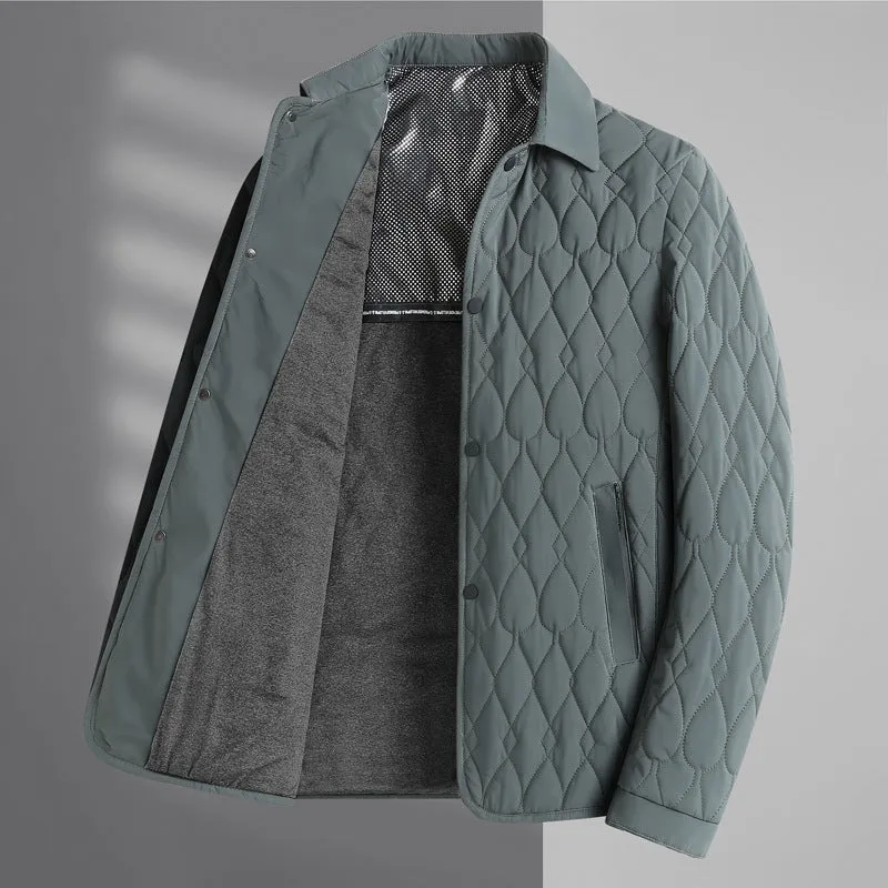 Men's lightweight diamond lattice cotton-padded coat in black, front view, regular fit
