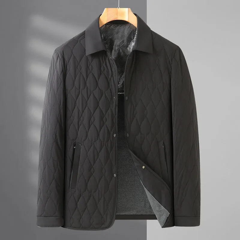 Men's lightweight diamond lattice cotton-padded coat in black, front view, regular fit