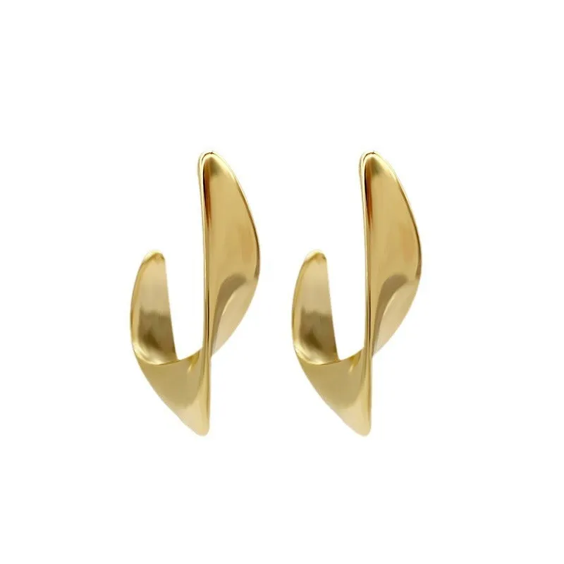 Twisted geometric metal earrings with circular design in gold or silver electroplated finish