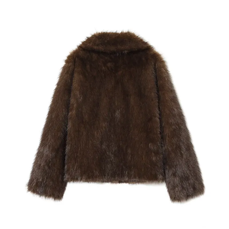 Women's double-sided brown artificial fur effect jacket with faux fur collar long sleeve