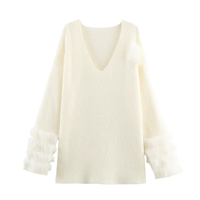 Casual V-neck cuff furry knitted dress for women in white – straight cut long sleeve style