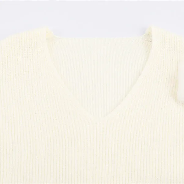 Casual V-neck cuff furry knitted dress for women in white – straight cut long sleeve style