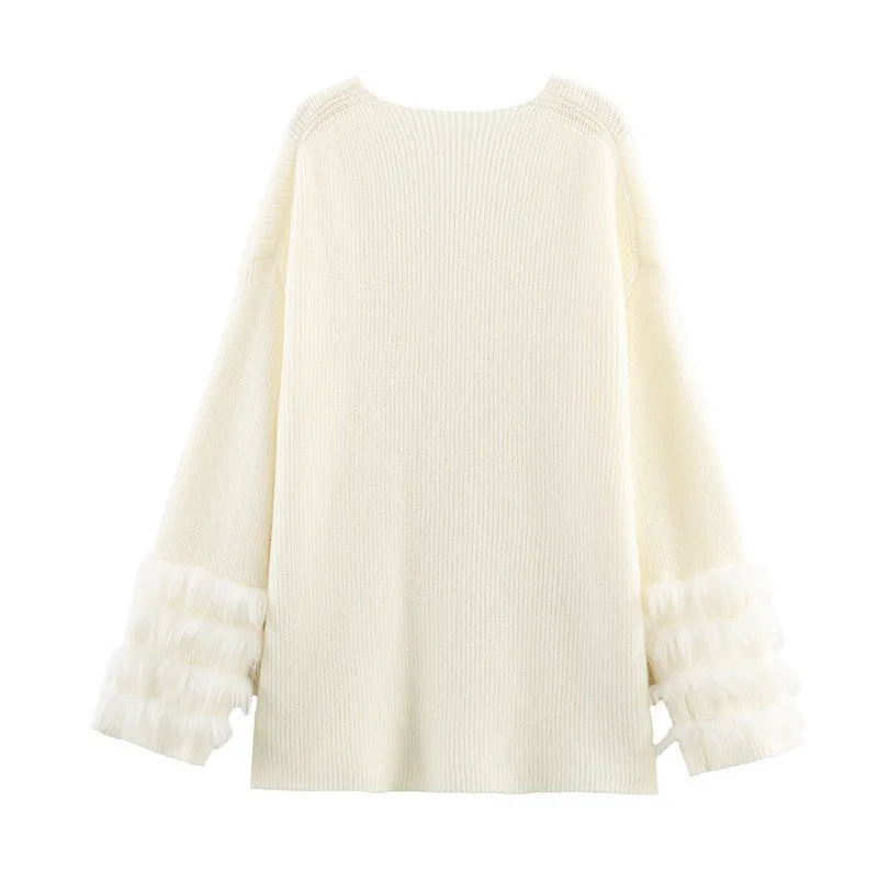 Casual V-neck cuff furry knitted dress for women in white – straight cut long sleeve style