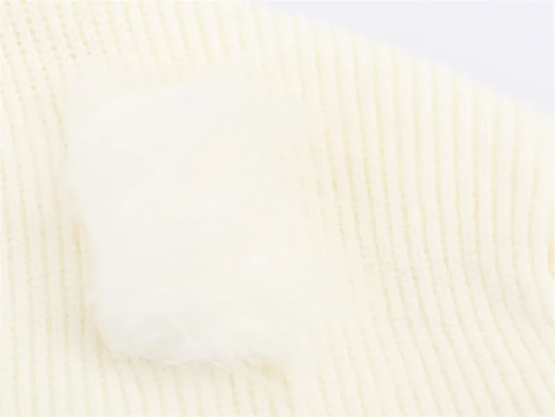Casual V-neck cuff furry knitted dress for women in white – straight cut long sleeve style