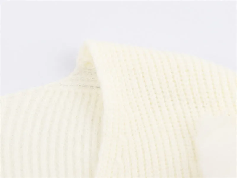 Casual V-neck cuff furry knitted dress for women in white – straight cut long sleeve style