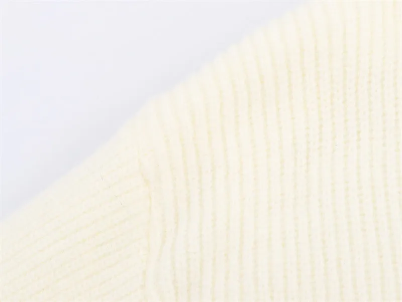 Casual V-neck cuff furry knitted dress for women in white – straight cut long sleeve style