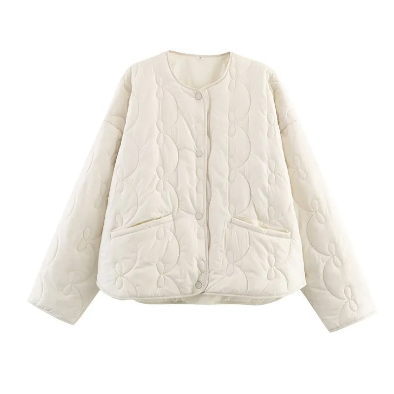 Women's bow quilted coat in black with straight cut, medium thickness polyester fabric, regular sleeves, 50 cm length