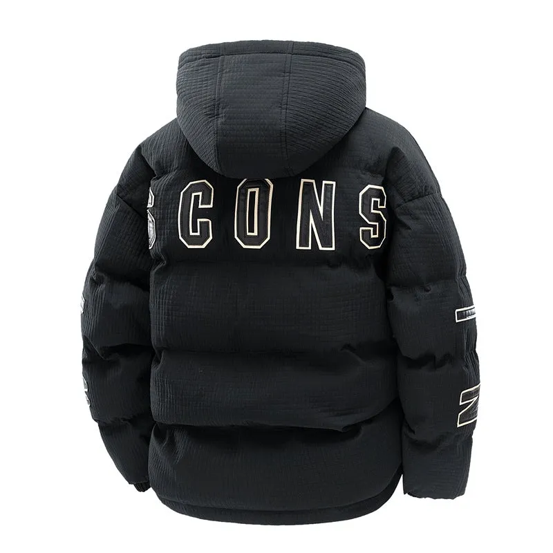 Men's black Korean style hooded winter coat with letter print detail and side pockets